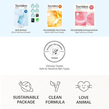 Torriden - Special Mask Variety Set (15 Masks) | 5 Dive In Masks + 5 Cellmazing Vita C Masks + 5 Cellmazing Firming Gel Masks