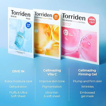 Torriden - Special Mask Variety Set (15 Masks) | 5 Dive In Masks + 5 Cellmazing Vita C Masks + 5 Cellmazing Firming Gel Masks