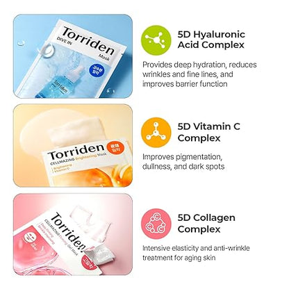 Torriden - Special Mask Variety Set (15 Masks) | 5 Dive In Masks + 5 Cellmazing Vita C Masks + 5 Cellmazing Firming Gel Masks